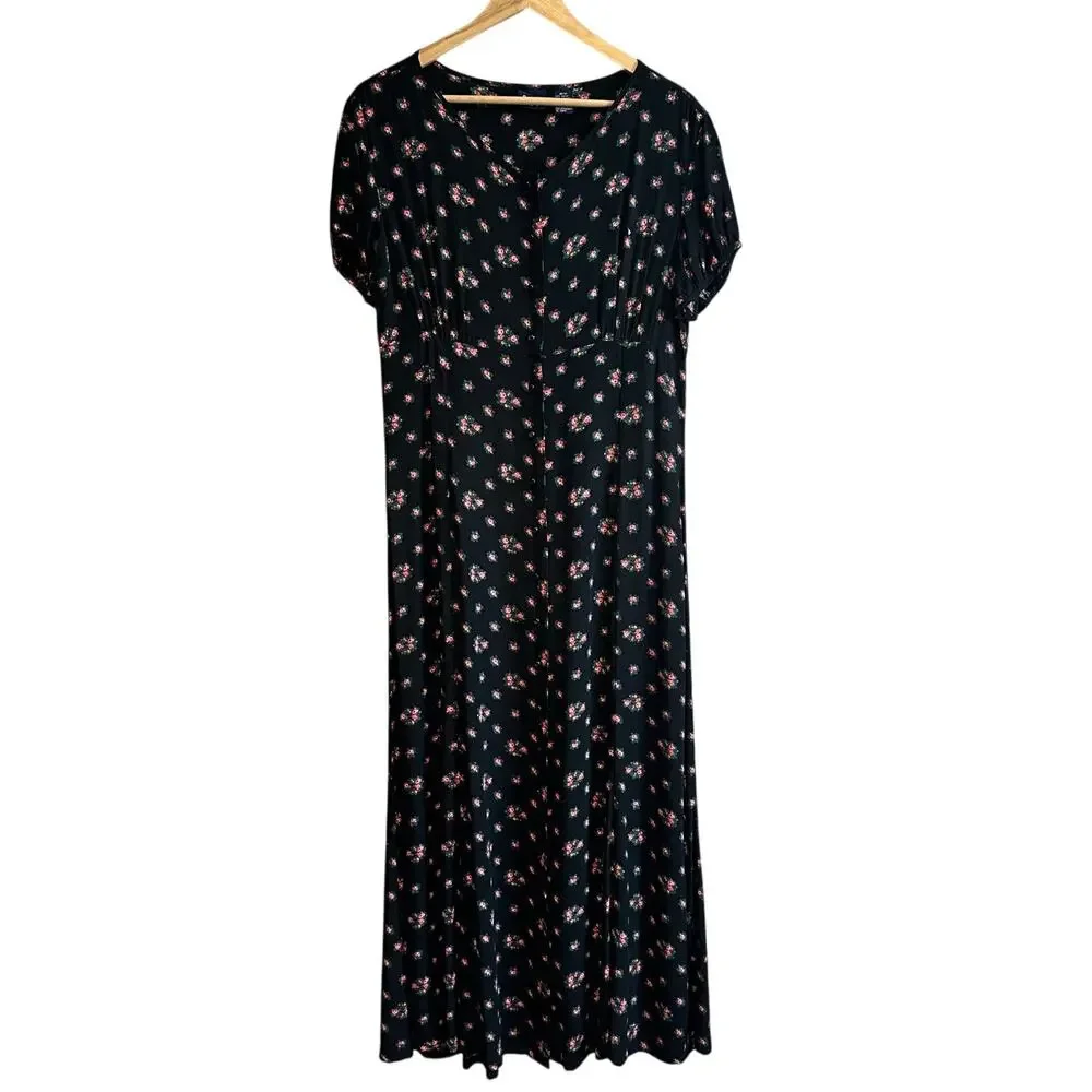 Vintage Gap 90s Grunge Dainty Floral Button Front Maxi Dress Black M - Picture 1 of 11